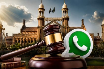 Lahore High Court graphic shows gavel and WhatsApp icon in digital justice theme.