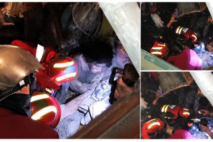 Rescue teams conduct a search operation at the site of a collapsed three-storey residential building in Muhammad Din Colony near Harbanspura, Lahore.