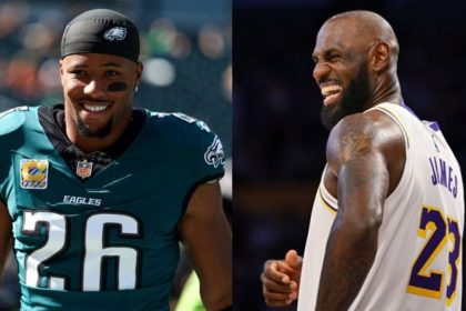 Saquon Barkley in a Philadelphia Eagles uniform alongside LeBron James wearing a Lakers jersey.