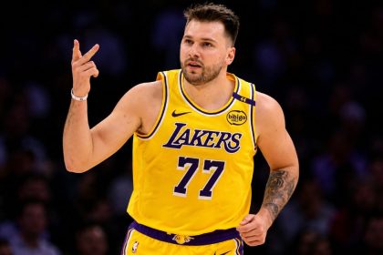 Luka Dončić of the Los Angeles Lakers wearing jersey No. 77 during an NBA game. Photograph: Katelyn Mulcahy/Getty Images.