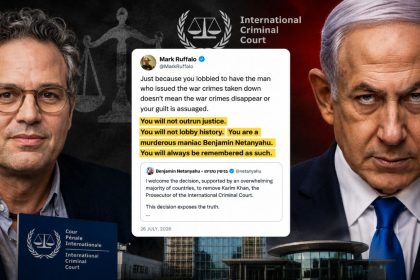 American actor Mark Ruffalo alongside Israeli Prime Minister Benjamin Netanyahu with a social media post and justice-themed background in an editorial collage