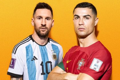 Lionel Messi and Cristiano Ronaldo wearing Argentina and Portugal football shirts