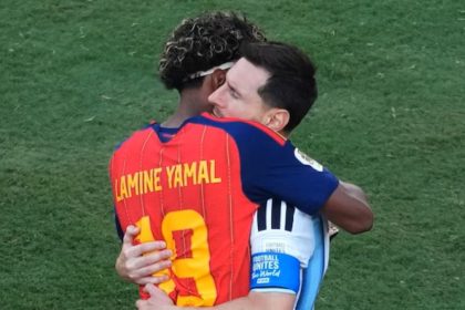 Lamine Yamal hugs Lionel Messi after Spain defeat Argentina in the World Cup final.