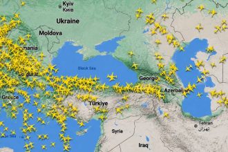 Flight-tracking map shows aircraft routes across the Black Sea and Middle East region.