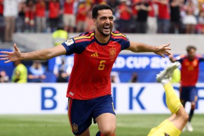 Mikel Merino celebrates Spain’s late winner against Belgium in Inglewood.
