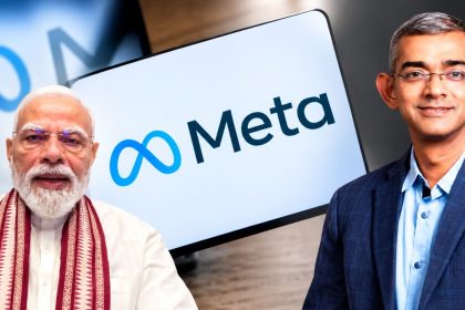 Editorial collage showing Indian Prime Minister Narendra Modi, Meta India Chief Arun Srinivas, and the Meta corporate logo.