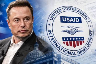 Elon Musk shown beside the USAID emblem in a political graphic with U.S. government and document imagery.