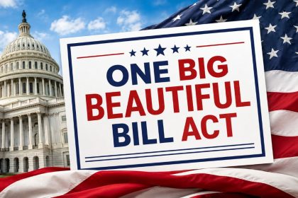 A political graphic shows the One Big Beautiful Bill Act sign in front of the U.S. Capitol and American flag.