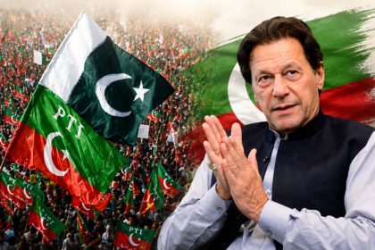 Pakistan Tehreek-e-Insaf founder and jailed leader Imran Khan with a background of PTI supporters holding party and Pakistan flags during a political rally.