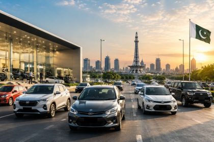 Pakistan auto market 2026 showing petrol, hybrid and electric vehicles alongside sales and financing trends.