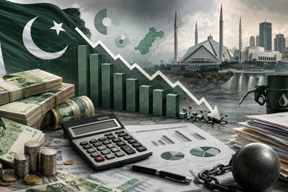 Pakistan fiscal deficit shown through declining economic charts and currency.