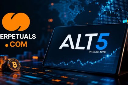 Perpetuals.com and ALT5 logos with cryptocurrency coins and financial trading charts.