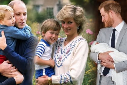 Prince William, Prince Harry and Princess Diana shown in a royal family collage highlighting family moments across generations.