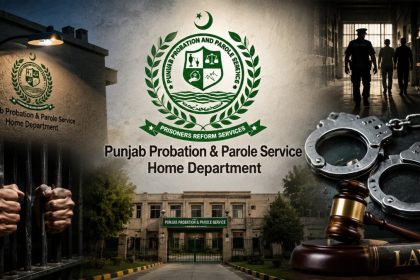 collage featuring the Punjab Probation & Parole Service emblem with justice, prison, rehabilitation, and law enforcement-themed visuals.
