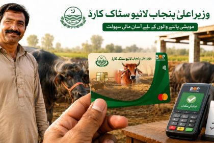 collage showing a livestock farmer, buffaloes, cattle, and the Punjab Livestock Card representing financial assistance for livestock farmers in Punjab.