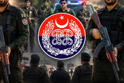 Armed Punjab Police officers with the official Punjab Police emblem.