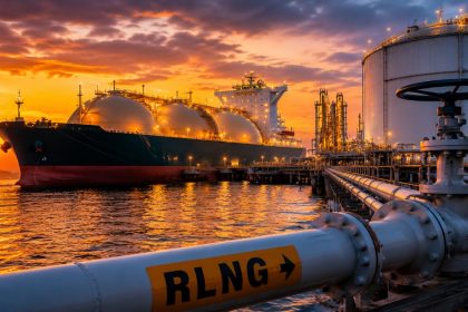 RLNG vessel at terminal with gas pipeline infrastructure representing RLNG prices and energy supply.