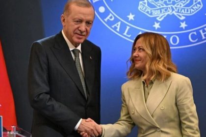 Image ALT Text: Recep Tayyip Erdogan and Giorgia Meloni at joint news conference in Rome on April 29, 2025.