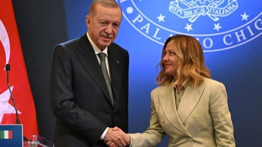 Image ALT Text: Recep Tayyip Erdogan and Giorgia Meloni at joint news conference in Rome on April 29, 2025.