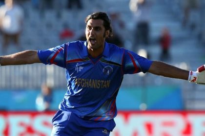 Afghanistan cricketer Shapoor Zadran celebrating on the field during a cricket match.