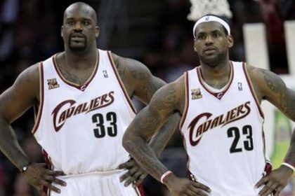 LeBron James and Shaquille O’Neal in Cleveland Cavaliers jerseys.