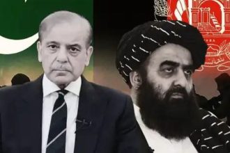Shehbaz Sharif and Afghanistan Prime Minister Hasan Akhund shown with Pakistan and Afghanistan flags