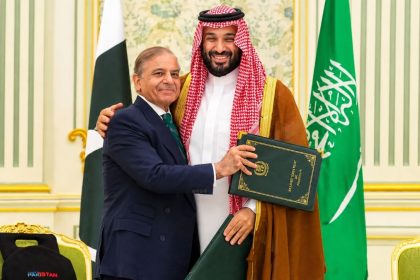 Saudi Crown Prince Mohammed bin Salman embraces Pakistan Prime Minister Shehbaz Sharif after signing a defence agreement in Riyadh, Saudi Arabia, on September 17, 2025. Image Credit: Saudi Press Agency/Handout via Reuters.