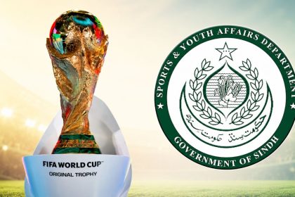FIFA World Cup trophy with the Sindh Sports and Youth Affairs Department emblem.