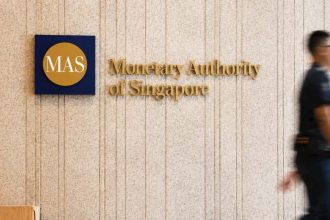 Monetary Authority of Singapore (MAS) logo displayed at its headquarters in Singapore.
