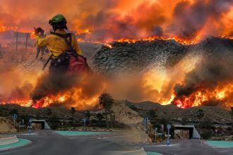 Wildfire engulfs hamlet in southern Spain as firefighters respond.