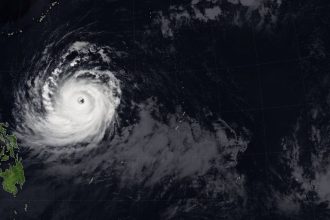 Super Typhoon Bavi over the Northern Mariana Islands on July 8, 2026
