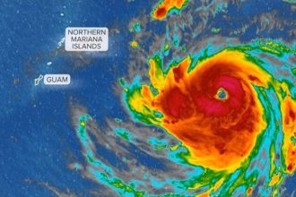 Image ALT Text: Super Typhoon Bavi near Guam and Northern Marianas with 259 kph winds.