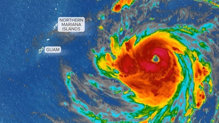 Image ALT Text: Super Typhoon Bavi near Guam and Northern Marianas with 259 kph winds.