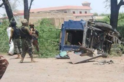Damaged police vehicle after a bombing on Tank-Waziristan Road on June 13, 2026.