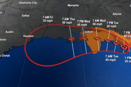 Tropical Depression Two forecast track across the Gulf of Mexico before a possible tropical storm upgrade.