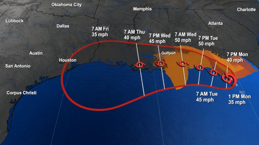 Tropical Depression Two forecast track across the Gulf of Mexico before a possible tropical storm upgrade.
