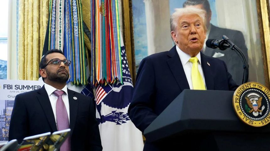 President Donald Trump and FBI Director Kash Patel announcing new crime data at a news conference.