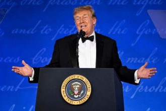 US President Donald Trump delivers the WHCA speech at the White House Correspondents' Association dinner in Washington on Friday, July 24.