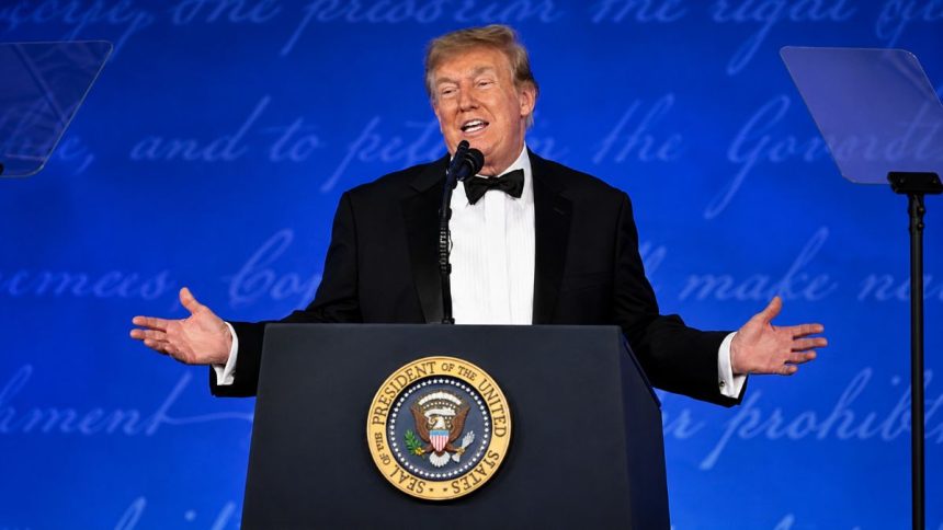 US President Donald Trump delivers the WHCA speech at the White House Correspondents' Association dinner in Washington on Friday, July 24.
