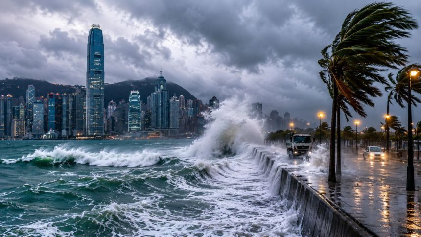 Large waves and strong winds batter the coastline as Typhoon Noul strikes southern Guangdong Province on July 26.