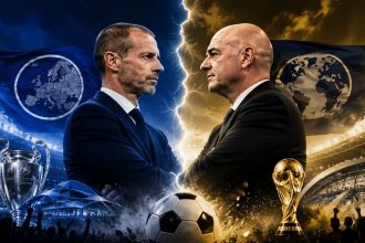 Illustrative editorial collage featuring UEFA President Aleksander Čeferin and FIFA President Gianni Infantino with symbolic football trophies, stadiums, and a soccer ball.