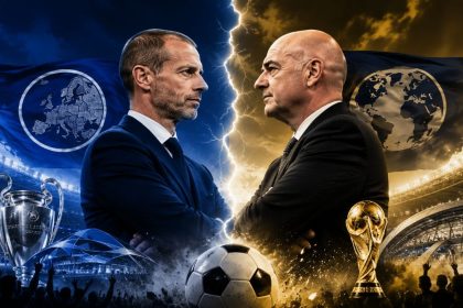 Illustrative editorial collage featuring UEFA President Aleksander Čeferin and FIFA President Gianni Infantino with symbolic football trophies, stadiums, and a soccer ball.