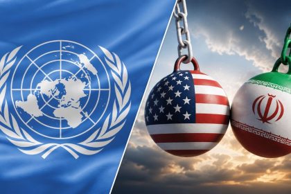 United Nations logo shown alongside symbolic U.S. and Iran flag imagery.
