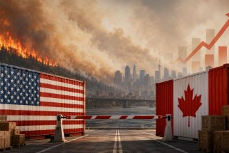 Higher Canada tariffs illustrated by US and Canadian cargo containers as wildfire smoke crosses the border