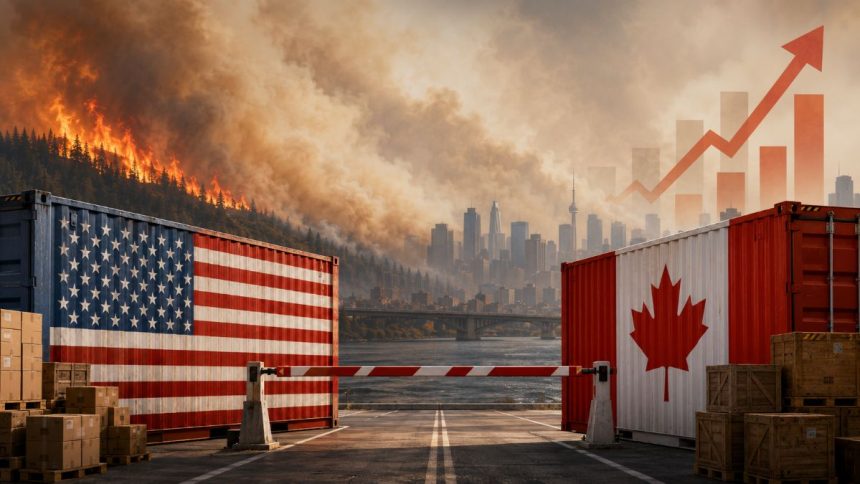Higher Canada tariffs illustrated by US and Canadian cargo containers as wildfire smoke crosses the border