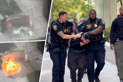 Police detain suspect after incendiary device attack outside 26 Federal Plaza in New York City.
