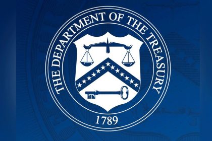 Official US Treasury emblem of the United States Department of the Treasury on a blue background.
