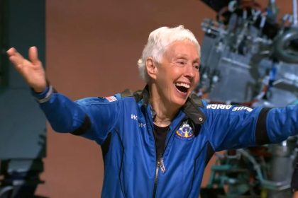 Wally Funk waves after Blue Origin New Shepard flight in Texas