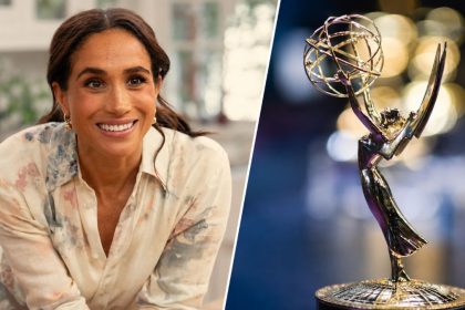 Meghan Markle in “With Love, Meghan” beside an Emmy statuette following the show’s Daytime Emmy nomination.