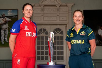 ICC Women’s T20 World Cup 2026 final captains of Australia and England with trophy at Lord’s.